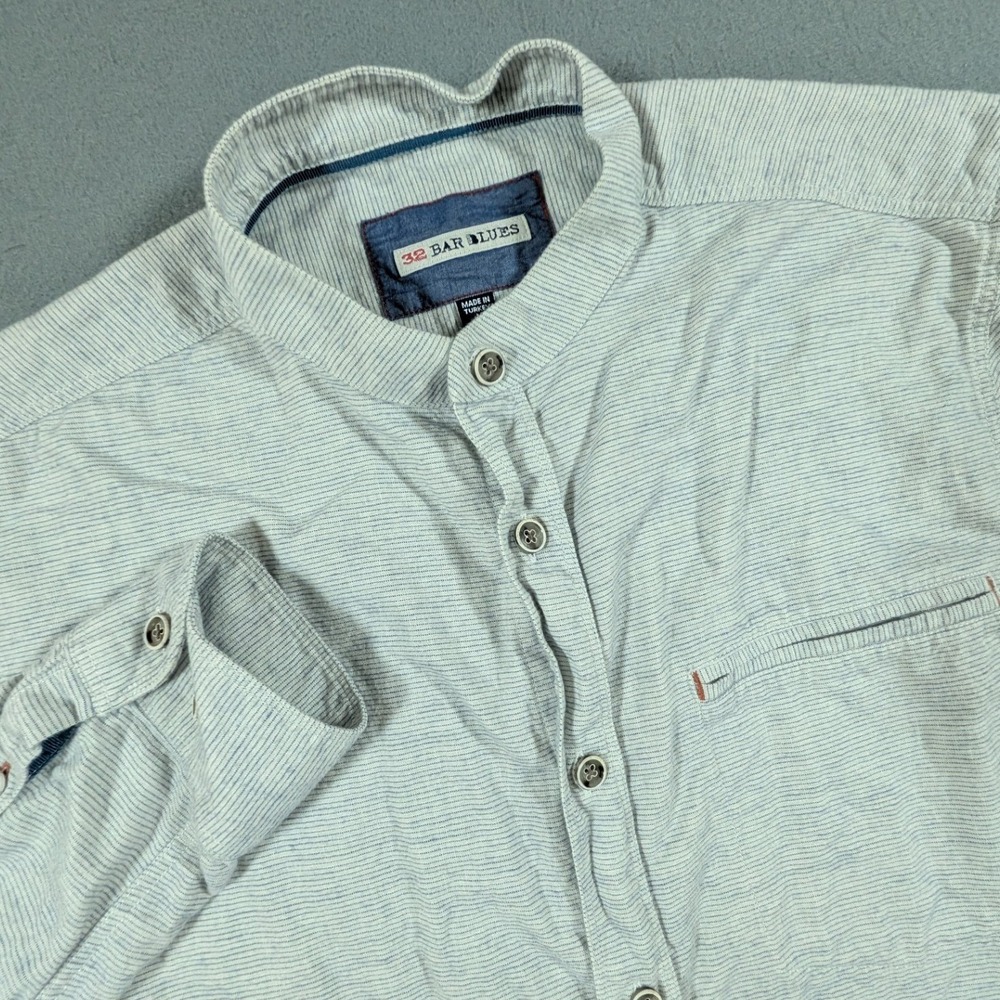 32 Bar Blues Button Down Shirt Mens Size Medium Mandarin Collar Linen